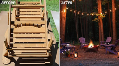 A before and after of two adirondack chairs.