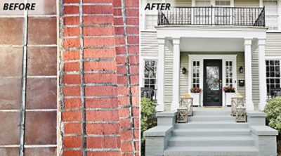 The before and after of unpainted brick and a gray painted brick front porch.