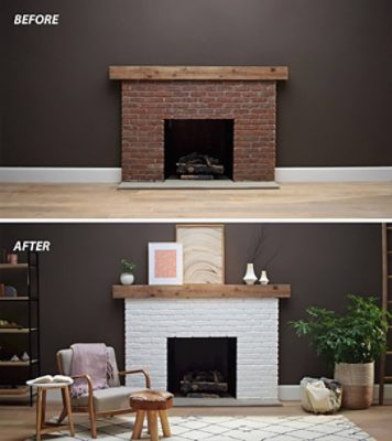 A before and after of a painted fireplace.