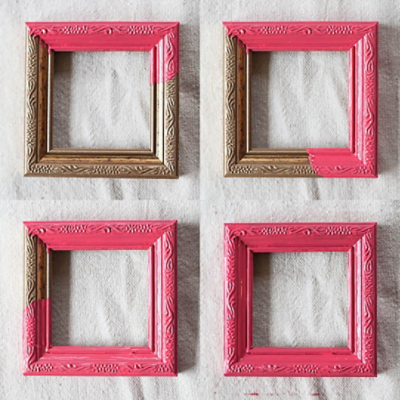 A progression of a picture frame being painted pink