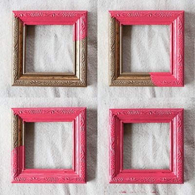 A progression of a picture frame being painted pink