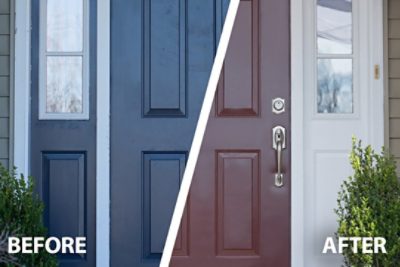 A before and after of an old and newly painted front door.