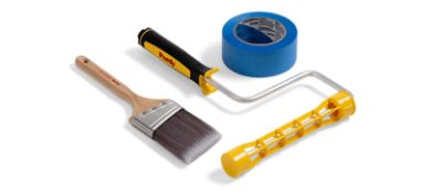 A brush, roller, and blue painter's tape.