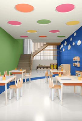 A young children's classroom with a wall painted Talipot Palm SW7626.