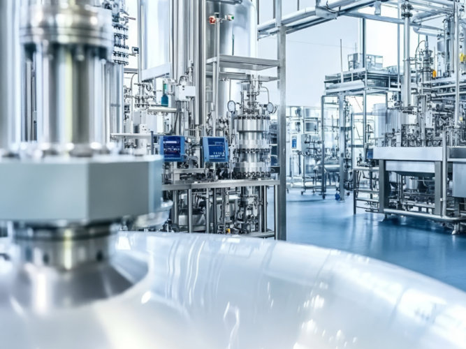 Interior of an industrial processing facility with stainless steel tanks, pipes, valves, and control equipment arranged in a clean, well‑lit production area.