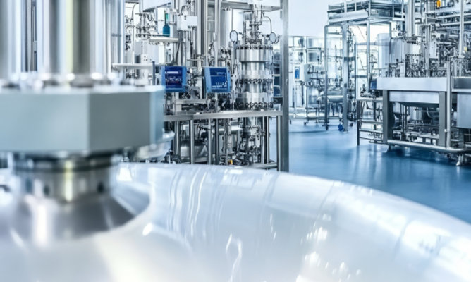 Interior of an industrial processing facility with stainless steel tanks, pipes, valves, and control equipment arranged in a clean, well‑lit production area.