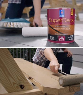 A can of SuperDeck Exterior Deck stain and a person rolling it onto a picnic table bench.