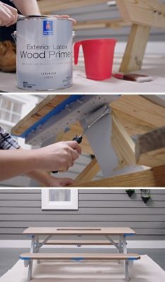 A can of Exterior Latex Wood Primer and a person priming a picnic table with a mini roller..