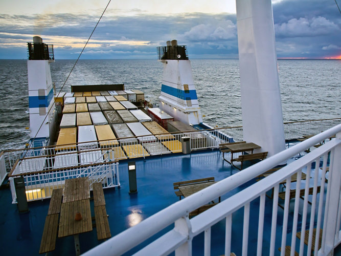 Cargo ship at dock. 