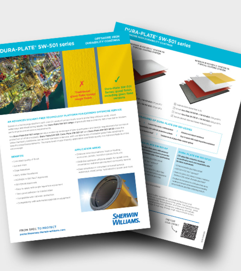 Two overlapping Sherwin-Williams product brochures for DURA-PLATE SW-501 protective coating, showing a comparison graphic, coating system diagrams, product information, and application imagery.