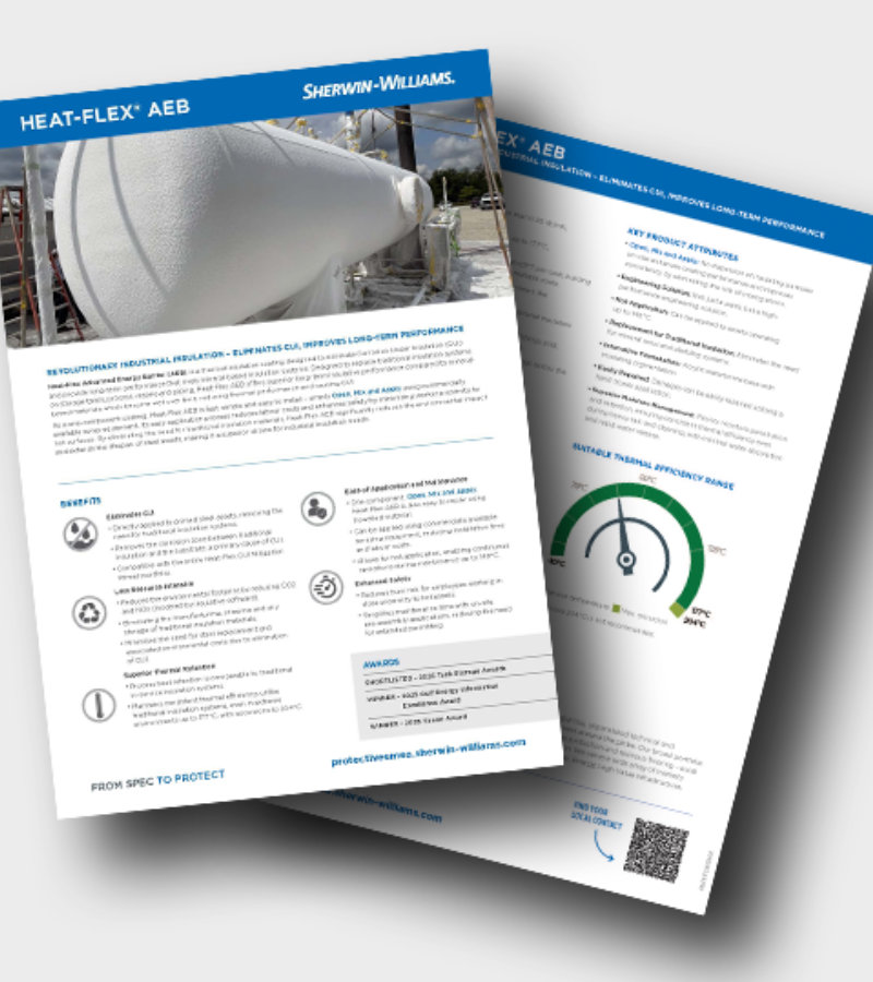 Thumbnail Heat-Flex AEB Info Sheet. The front page shows a large industrial pipe coated in white insulation, with headings, icons, and bullet points describing features and benefits. The page behind includes technical specifications and a gauge-style graphic