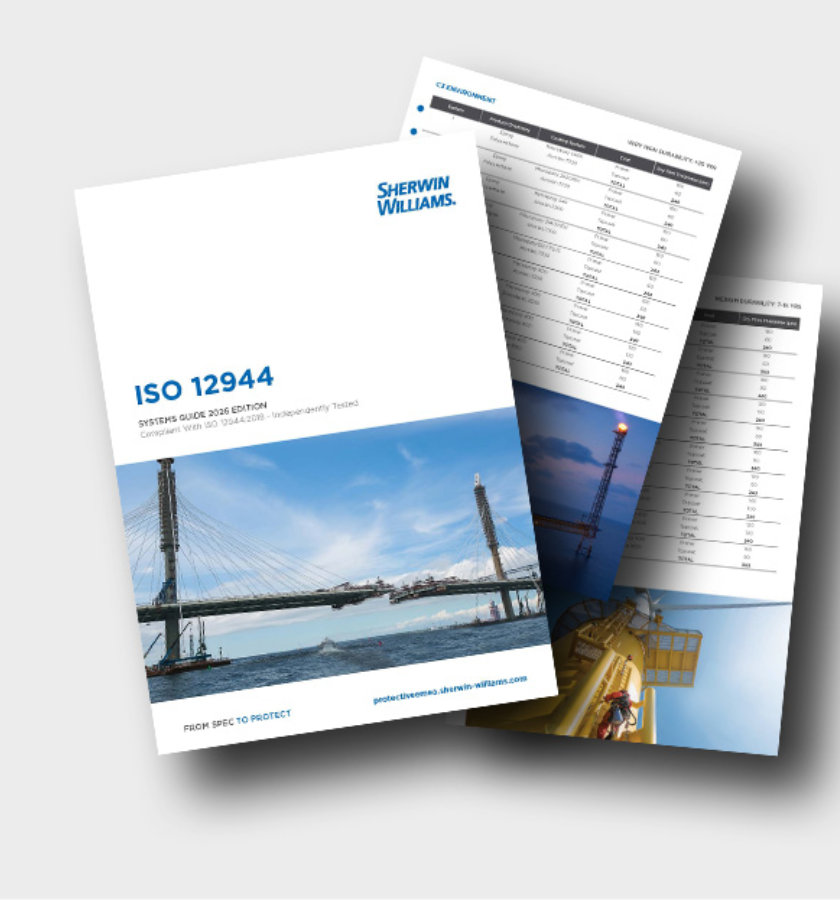 Sherwin-Williams ISO 12944 systems guide (2026 Edition) shown with cover and inside pages, featuring a bridge construction image on the cover and technical coating system tables on the interior pages.