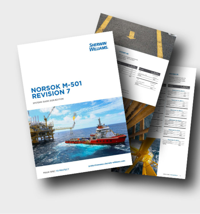 Sherwin-Williams NORSOK M-501 Revision 7 systems guide shown with cover and inside pages, featuring an offshore oil platform and vessel image on the cover and technical coating system tables on the interior pages.
