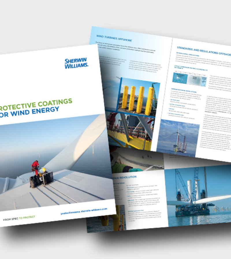 Sherwin-Williams Protective Coatings for Wind Energy brochure cover and sample interior pages.