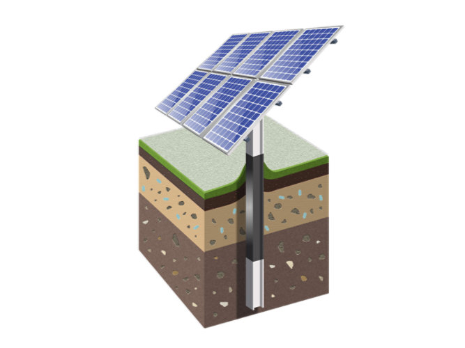 Cutaway illustration of solar panels supported by a steel pile with a protective coating through the active soil zone.