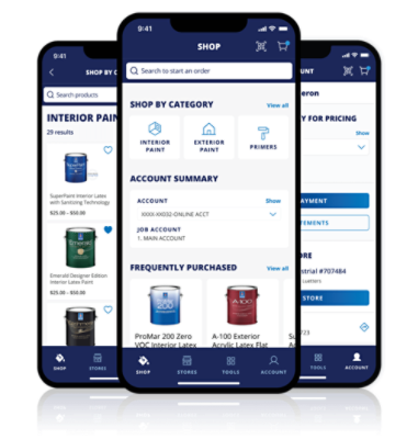 Three smartphones showing different parts of the Sherwin-Williams Pro App.