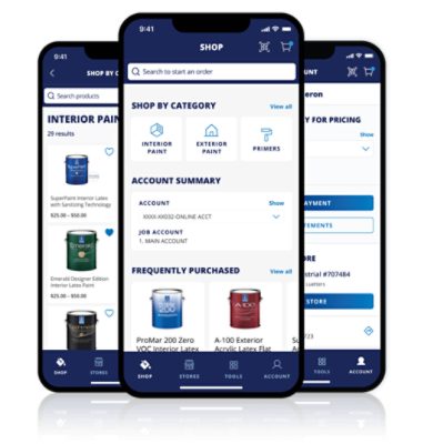 Three smartphones showing different parts of the Sherwin-Williams Pro App.