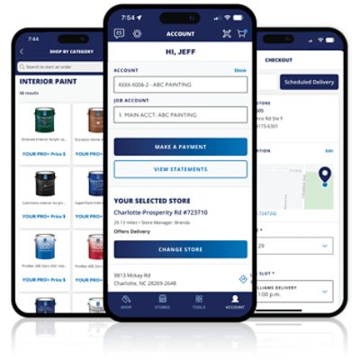 Three iPhones showcasing features of the Sherwin-Williams Pro App.