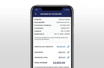 Un teléfono móvil que muestra la pantalla de revisión de la herramienta de cotización.
