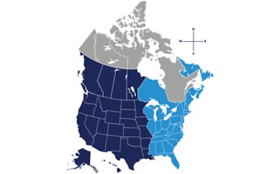 Map of the United States and Canada with east and west different shades of blue.