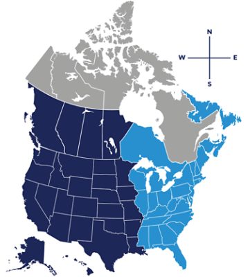 Map of the United States and Canada with east and west different shades of blue.