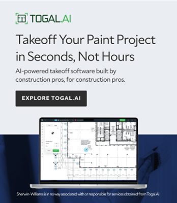 Togal.AI. Takeoff your paint project in seconds, not hours. AI-powered takeoff software built by construction pros, for construction pros. Explore Togal.AI. Sherwin-Williams is in no way associated with or responsible for services obtained from Togal.AI.