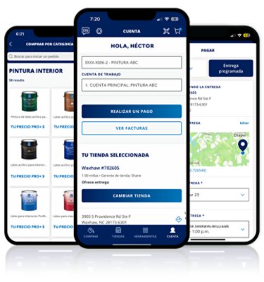 Tres teléfonos que muestran la aplicación Sherwin-Williams PRO+.