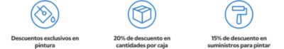 Descuentos exclusivos en pintura. 20% de descuento en suministros para pintar en cantidades por caja. 15% de descuento en suministros para pintar.