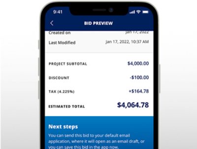 Mobile phone with the Project Bidding app open.