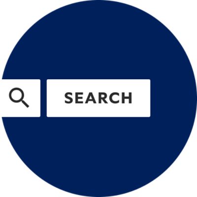 A dark blue circle with a white search bar in the center.