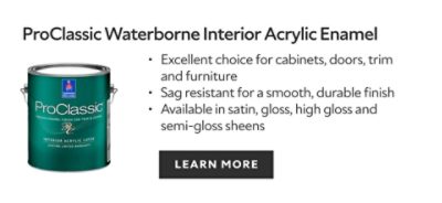 Sherwin-Williams ProClassic Interior Acrylic Latex Enamel paint, excellent choice for cabinets, doors, trim and furniture, sag resistant for a smooth durable finish, available in satin, gloss, high gloss, and semi gloss sheens, learn more.