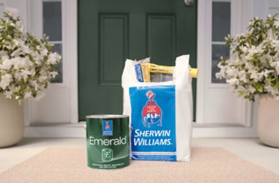 A Sherwin-Williams bag and a can of Emerald paint on a doorstep.