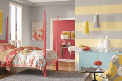 Striped bedroom painted Friendly Yellow.