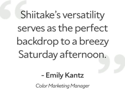 Emily Kantz, Color marketing manager, quote that says "Shiitake's versatility serves as the perfect backdrop to a breezy Saturday afternoon."
