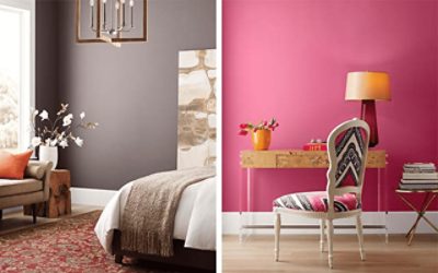 Left image: dark purple walls with edge of bed, loveseat, and some decor in frame, right image: pink walls with wooden desk and lamp and printed desk chair.