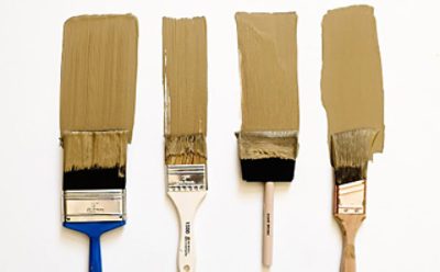 A set of four paint brushes with beige paint. SW color featured: SW 9124 Verde Marron.
