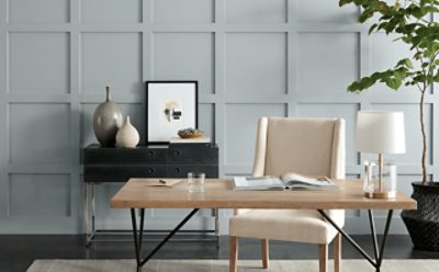 A home office painted Morning Fog SW 6255.