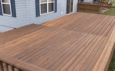 A recently stained wood deck.