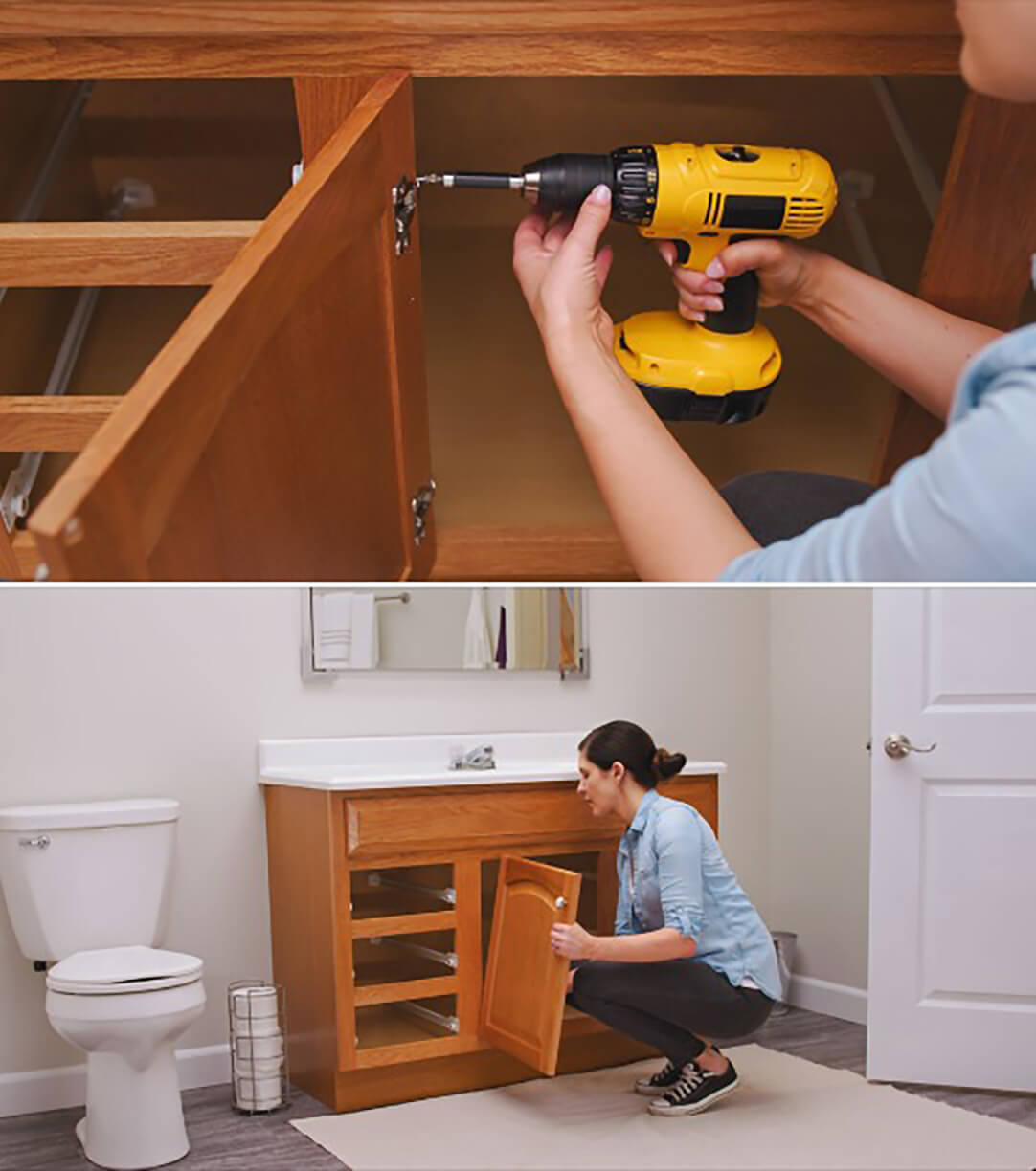 A woman is using a power drill to remove screws from a bathroom vanity door.