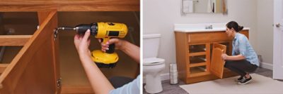 Woman removing bathroom vanity cabinet door with a drill. 
