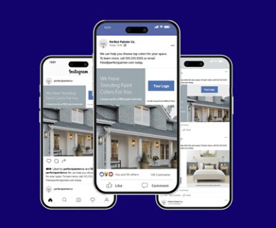 Three iPhone screens with Sherwin-Williams Customizable Marketing Materials.