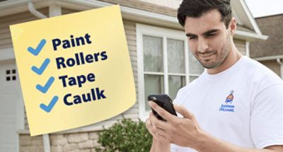 Paint. Rollers. Tape. Caulk.