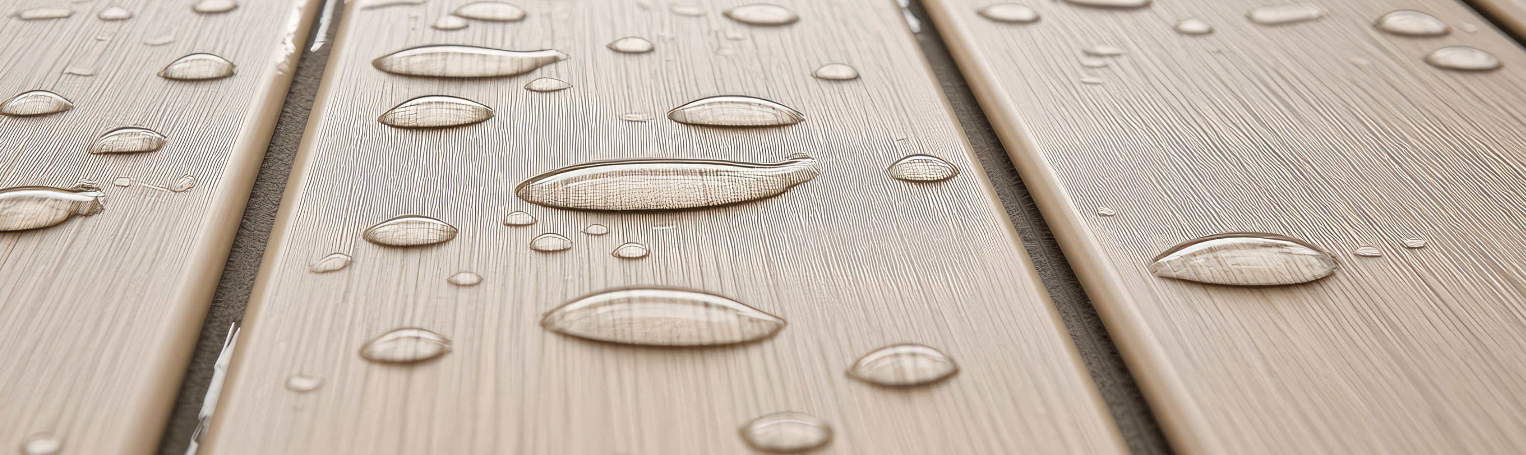 Close-up of wooden flooring boards with water droplets, highlighting a protective and water-resistant coating.