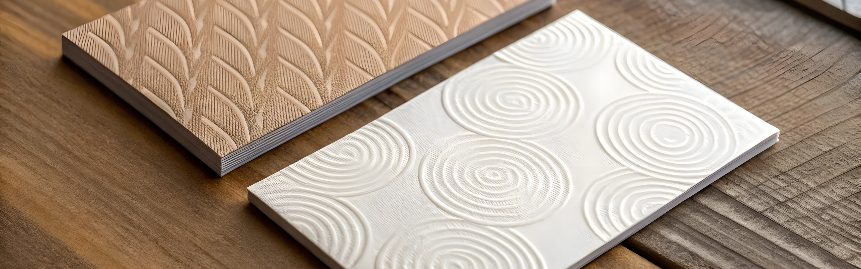 Innovative textured wood flooring samples showcasing decorative finishes and surface design possibilities.