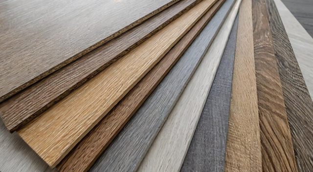 Selection of wood flooring panels in different finishes and colours, showcasing design versatility and surface treatments.