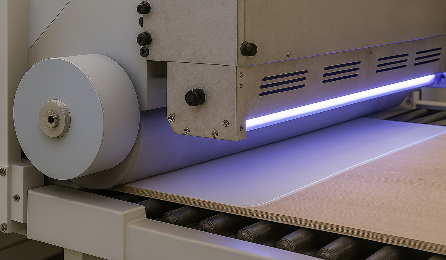 Industrial coating machine applying finish to wood flooring panels, highlighting advanced curing technology.