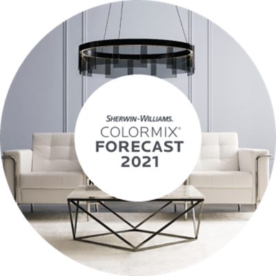 Sherwin-Williams Rhythm Colormix Forecast 2021 with a white couch and gray wall.