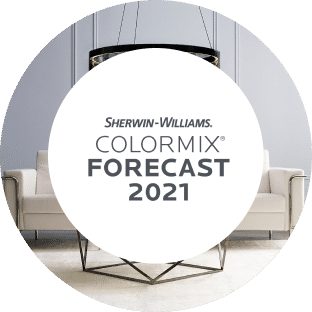 Sherwin-Williams Rhythm Colormix Forecast 2021 with a white couch and gray wall.