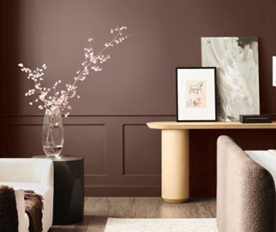 A room with wainscotting color drenched in Rojo Marrón SW 9182.