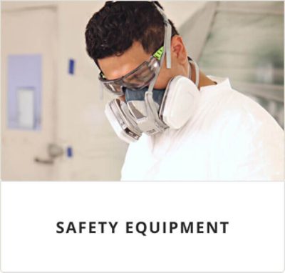 Safety equipment. A person wearing goggle and a respirator.